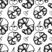 A seamless pattern featuring handdrawn croissants and cherries on a white background. The croissants are depicted in a detailed, sketchy style, while the cherries are simple yet elegant. vector
