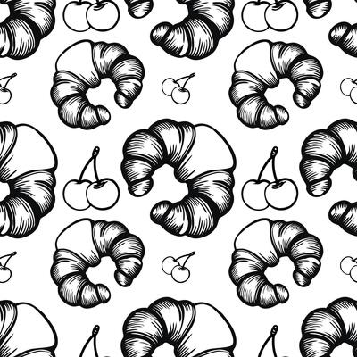 A seamless pattern featuring handdrawn croissants and cherries on a white background. The croissants are depicted in a detailed, sketchy style, while the cherries are simple yet elegant.