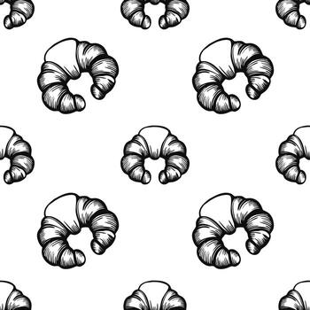 A seamless pattern of handdrawn croissants on a white background, showcasing the flaky texture and curved shape of the pastry. vector