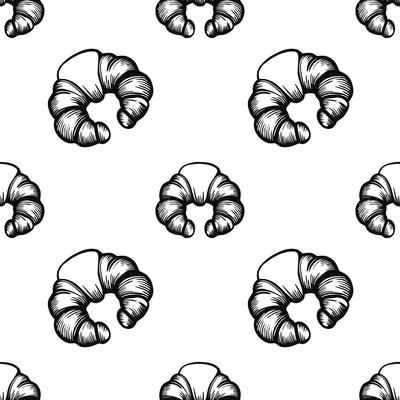 A seamless pattern of handdrawn croissants on a white background, showcasing the flaky texture and curved shape of the pastry.