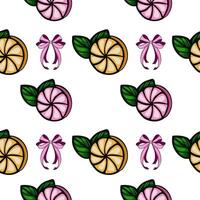 A seamless pattern featuring stylized fruit slices, including orange and pink citrus, along with green leaves and decorative bows in pink. The design is playful and vibrant vector