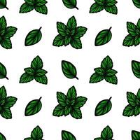 A seamless pattern featuring various green leaves on a white background. The leaves are illustrated in different shapes and sizes, creating a vibrant and natural design. vector