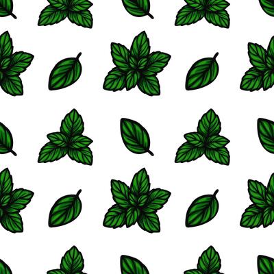 A seamless pattern featuring various green leaves on a white background. The leaves are illustrated in different shapes and sizes, creating a vibrant and natural design.