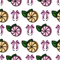 A seamless pattern featuring stylized fruit slices and decorative bows. The fruit includes orange and pink slices, complemented by green leaves. The background is white vector
