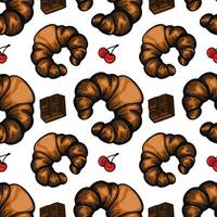 A seamless pattern featuring croissants, cherries, and chocolate squares on a white background. The croissants are golden brown, while the cherries are bright red and the chocolate. vector