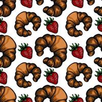 A seamless pattern featuring handdrawn croissants and strawberries on a white background. The croissants are golden brown with a flaky texture, while the strawberries are bright red. vector