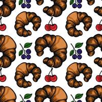 A seamless pattern featuring croissants, cherries, and blueberries on a white background. The croissants are golden brown with a flaky texture. vector
