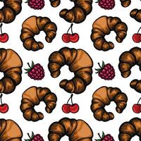 A seamless pattern featuring croissants, cherries, and grapes on a white background. The croissants are golden brown, while the fruits add vibrant colors. vector