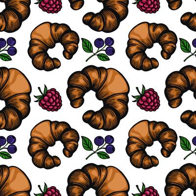A seamless pattern featuring croissants and berries, including blueberries and raspberries, on a white background. The croissants are golden brown and flaky.
