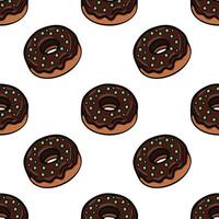 A seamless pattern featuring cartoonstyle donuts with chocolate icing and green sprinkles on a white background. vector
