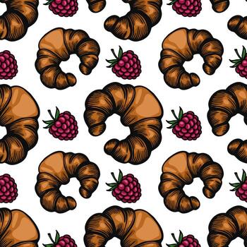 A seamless pattern featuring croissants and clusters of raspberries on a white background. The croissants are golden brown with a flaky texture, while the raspberries are vibrant red vector
