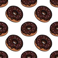 A seamless pattern featuring cartoonstyle chocolate donuts with pink sprinkles on a white background. The donuts are illustrated with a playful and colorful design vector