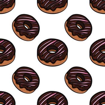 A seamless pattern featuring illustrated donuts with chocolate frosting and pink icing on a white background. The donuts are evenly spaced, creating a playful and appetizing design. vector