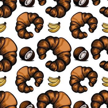 A seamless pattern featuring croissants, bananas, and coconuts on a white background. The croissants are detailed and golden brown, while the bananas and coconuts add a tropical touch. vector