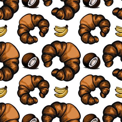 A seamless pattern featuring croissants, bananas, and coconuts on a white background. The croissants are detailed and golden brown, while the bananas and coconuts add a tropical touch.