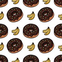 A playful pattern featuring chocolate donuts with green sprinkles and bunches of bananas on a white background. The design is vibrant and fun, perfect for foodrelated themes. vector