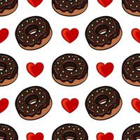A playful pattern featuring chocolate donuts with green sprinkles and red hearts on a white background. Ideal for foodthemed designs or romantic occasions. vector