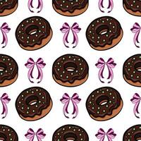 A fun and colorful pattern featuring chocolate donuts with green sprinkles and pink bows. The design is playful and suitable for various festive or culinary themes. vector