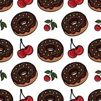 A seamless pattern featuring chocolate donuts with green sprinkles and red cherries with green leaves on a white background. vector