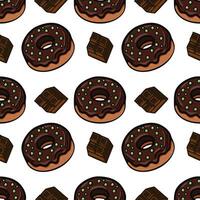 A repeating pattern featuring chocolate donuts with green sprinkles and pieces of dark chocolate on a white background. vector