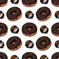A seamless pattern featuring chocolatecovered donuts with green sprinkles and whole coconuts. The design is playful and colorful, ideal for foodrelated themes. vector