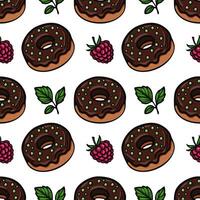 A seamless pattern featuring chocolate donuts with green sprinkles, raspberries, and mint leaves on a white background. vector