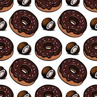 A seamless pattern featuring chocolate donuts with pink sprinkles and halved coconuts. The design is playful and colorful, suitable for foodrelated themes. vector