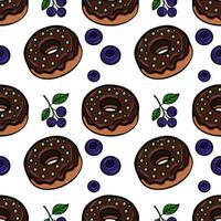A seamless pattern featuring chocolate donuts with green sprinkles and blueberries. The design is playful and colorful, ideal for foodrelated themes. vector