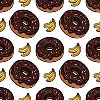 A playful pattern featuring chocolate frosted donuts with sprinkles and bunches of bananas on a white background. Ideal for foodrelated designs or playful themes. vector