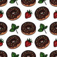 A seamless pattern featuring chocolate donuts with green sprinkles, fresh strawberries, and mint leaves on a white background. vector