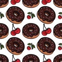 A seamless pattern featuring chocolate donuts with sprinkles and cherries. The donuts are round with a glossy chocolate glaze, while the cherries are bright red with green leaves. vector