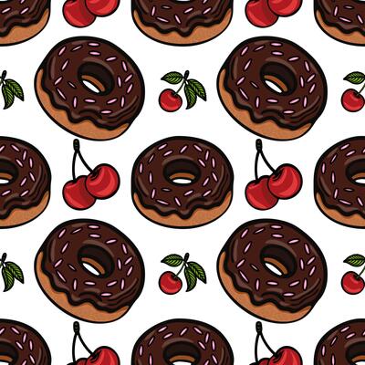 A seamless pattern featuring chocolate donuts with sprinkles and cherries. The donuts are round with a glossy chocolate glaze, while the cherries are bright red with green leaves.
