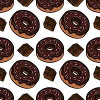 A seamless pattern featuring chocolate donuts with pink sprinkles and pieces of chocolate. The design is playful and colorful, suitable for foodrelated themes. vector