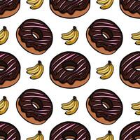 A playful pattern featuring donuts with chocolate icing and pink stripes alongside yellow bananas, set against a white background. vector