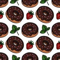 A seamless pattern featuring chocolate donuts with pink sprinkles, fresh strawberries, and green mint leaves on a white background. vector