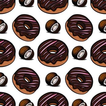 A seamless pattern featuring various donuts with chocolate frosting and pink icing, alongside round chocolatecovered treats. The design is playful and colorful vector
