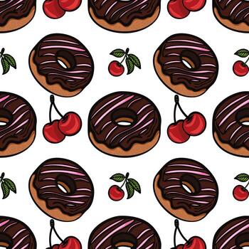 A seamless pattern featuring chocolate frosted donuts with pink icing and cherries. The design is playful and colorful, suitable for foodrelated themes. vector