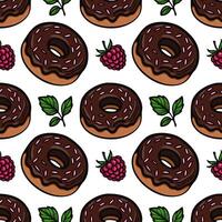A seamless pattern featuring chocolate donuts with pink sprinkles, accompanied by raspberries and mint leaves on a white background. vector