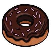 A cartoonstyle chocolate donut with pink sprinkles on top, featuring a goldenbrown base. The donut is round with a hole in the center, showcasing a glossy chocolate glaze. vector