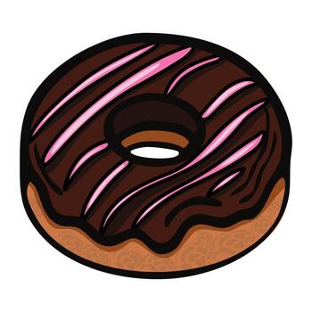 A cartoonstyle illustration of a chocolate frosted donut with pink icing stripes on top. The donut has a goldenbrown base and a round shape with a hole in the center. vector