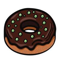 A cartoonstyle chocolate donut with green sprinkles on top and a goldenbrown base. vector