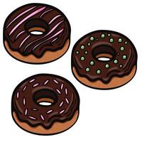 Three colorful donuts with chocolate frosting. One has pink stripes, another has green sprinkles, and the last has pink sprinkles. They are illustrated in a cartoon style. vector