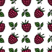 A seamless pattern featuring vibrant raspberries and green leaves on a white background. The design showcases the fruit in various orientations, creating a lively and fresh aesthetic. vector