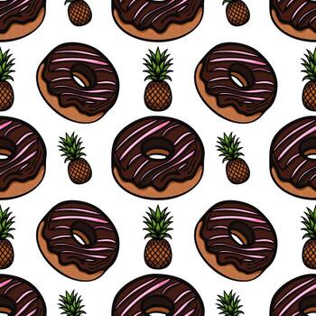 A playful pattern featuring chocolate frosted donuts with pink icing and pineapples. The design is vibrant and fun, suitable for various creative projects. vector