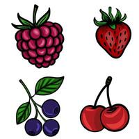 A colorful illustration featuring four types of berries a raspberry, a strawberry, a cluster of blueberries, and a pair of cherries. Each berry is depicted with vibrant colors vector