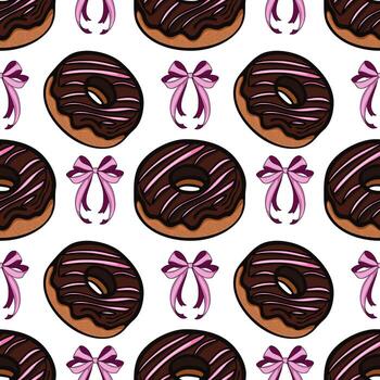 A seamless pattern featuring chocolate donuts with pink icing and decorative bows. The design is playful and colorful, suitable for various festive or culinary themes. vector