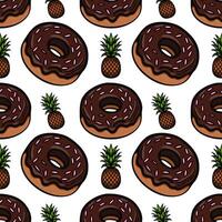 A playful pattern featuring chocolate donuts with pink sprinkles and pineapples on a white background. The design is vibrant and fun, suitable for various creative projects. vector