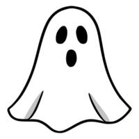 A playful illustration of a cartoon ghost with a surprised expression, featuring a bold black outline and subtle gray shading on its flowing form. vector