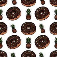 A fun and colorful pattern featuring chocolate donuts with green sprinkles and pineapples on a white background. Ideal for foodrelated designs or playful themes. vector