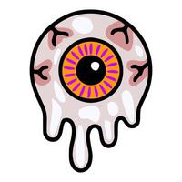 Spooky Halloween illustration of a melting eyeball with orange and purple iris, featuring a unique dripping effect and bold black outlines. vector